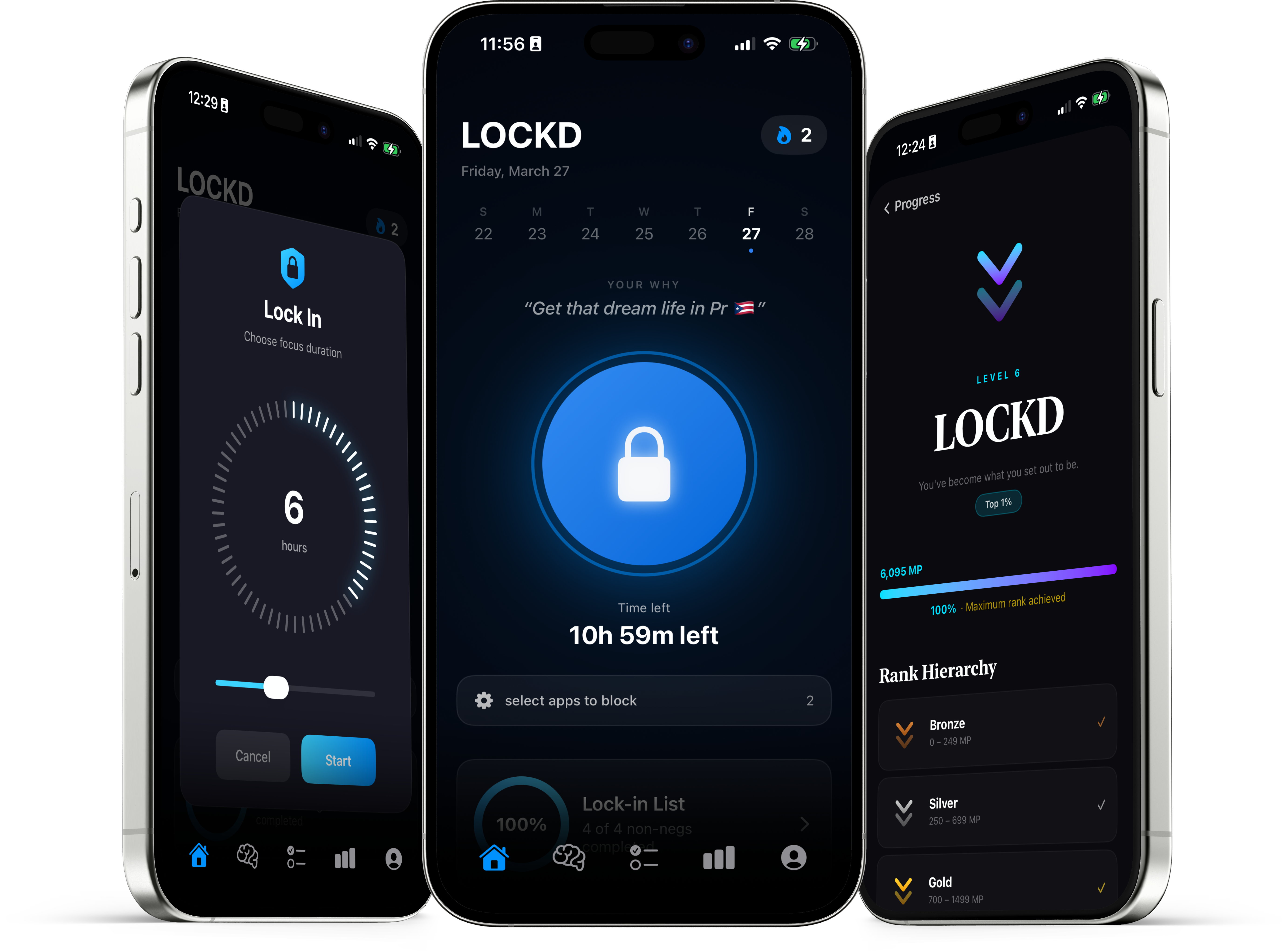 LOCKD app screens — Lock In timer, home screen, and rank progress